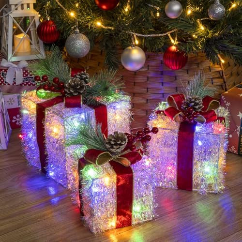SANHSEHOME Set of 3 Christmas Lighted Gift Boxes, 60 LED Light Up Present Boxes for Christmas Decorations Indoor Outdoor Yard Xmas Tree Holiday Party Lawn Porch Home Decor(Multicolor) | Amazon (US)