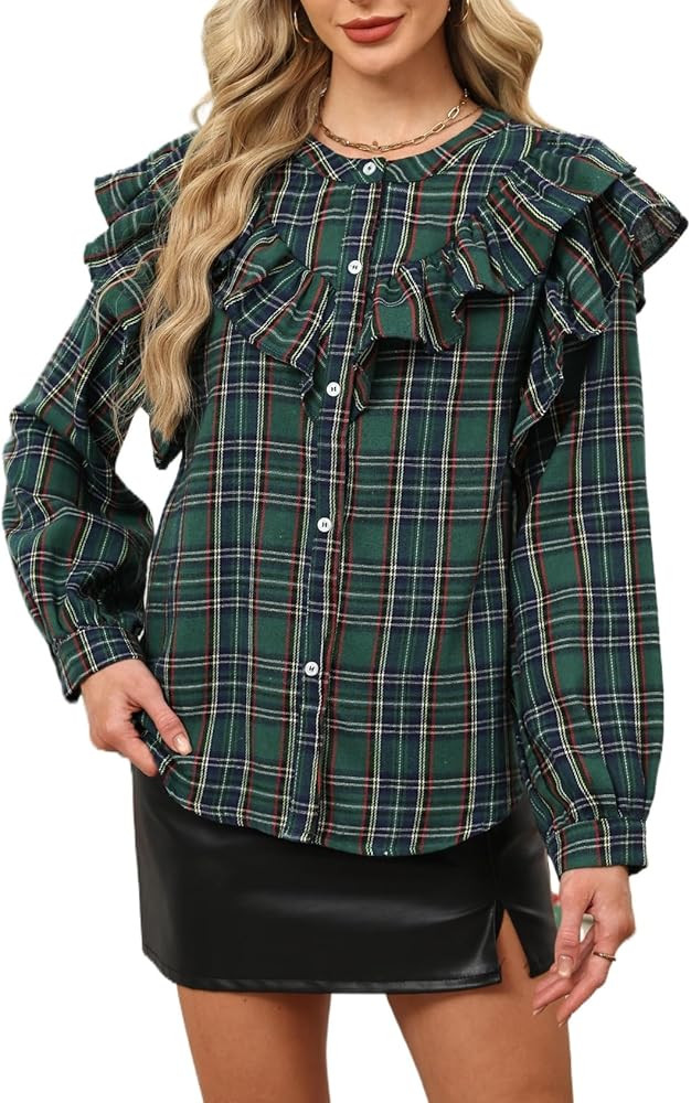 Women Plaid Ruffle Blouse Long Sleeve Button Down Shirt Christmas Tartan Top Casual Holiday Check... | Amazon (US)