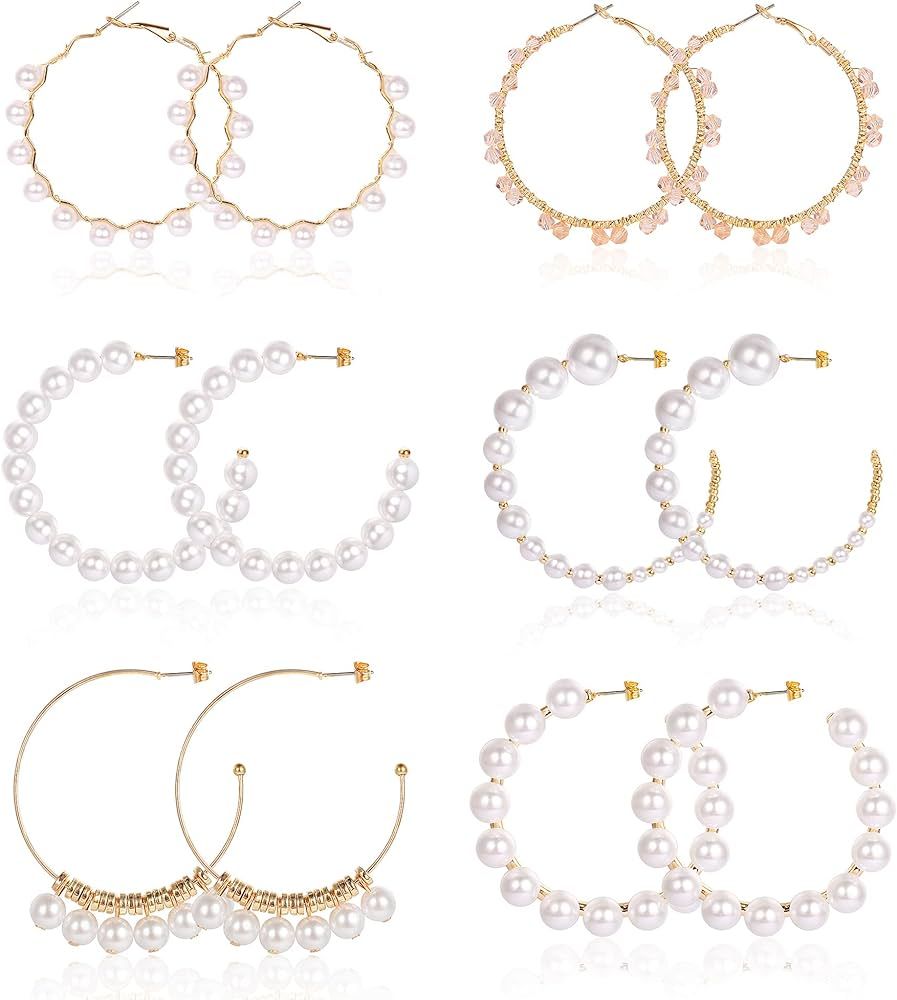 Florideco 4-6 Pairs 55-77MM Faux Pearl Huge Hoop Earrings for Women Lightweight Open Large Circle... | Amazon (US)