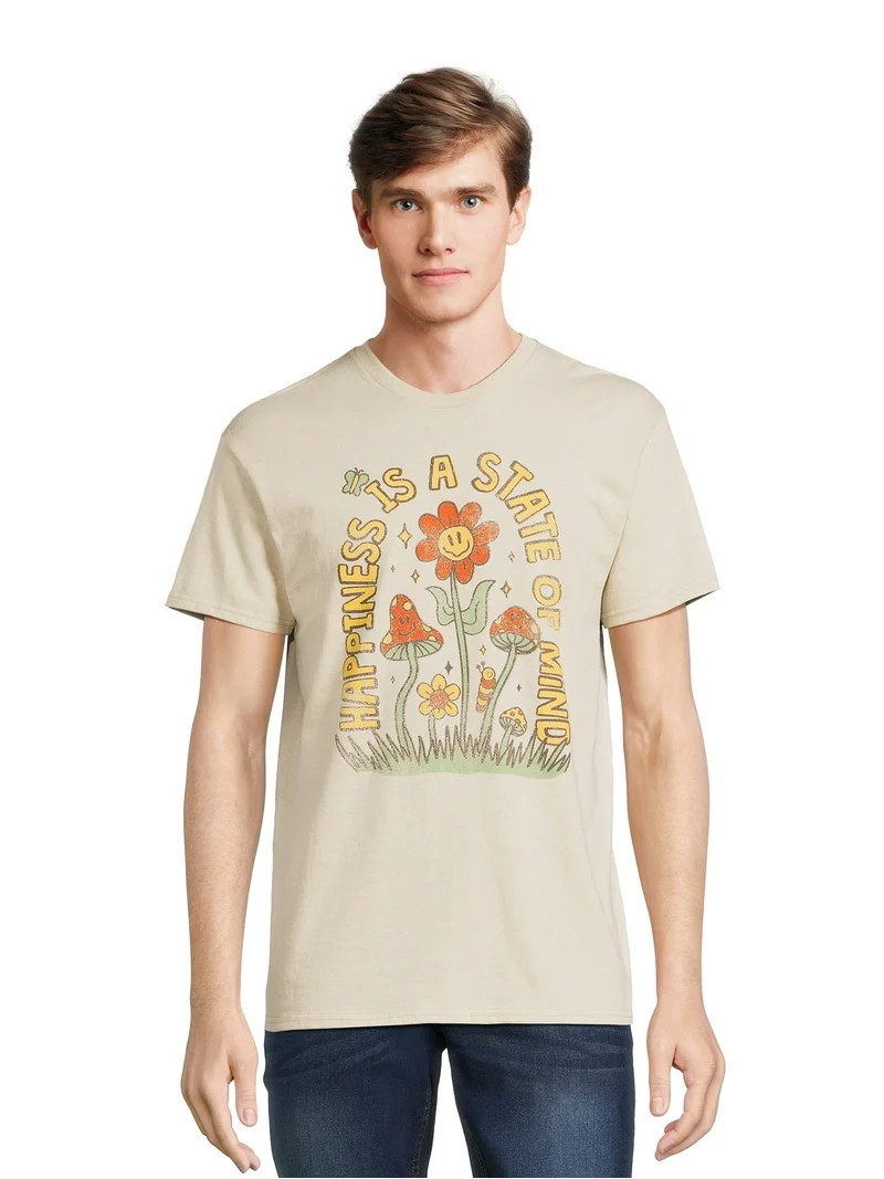Humor Men's and Big Men's Happiness Is a State Of Mind Mushroom and Flowers Short Sleeve Men's Gr... | Walmart (US)