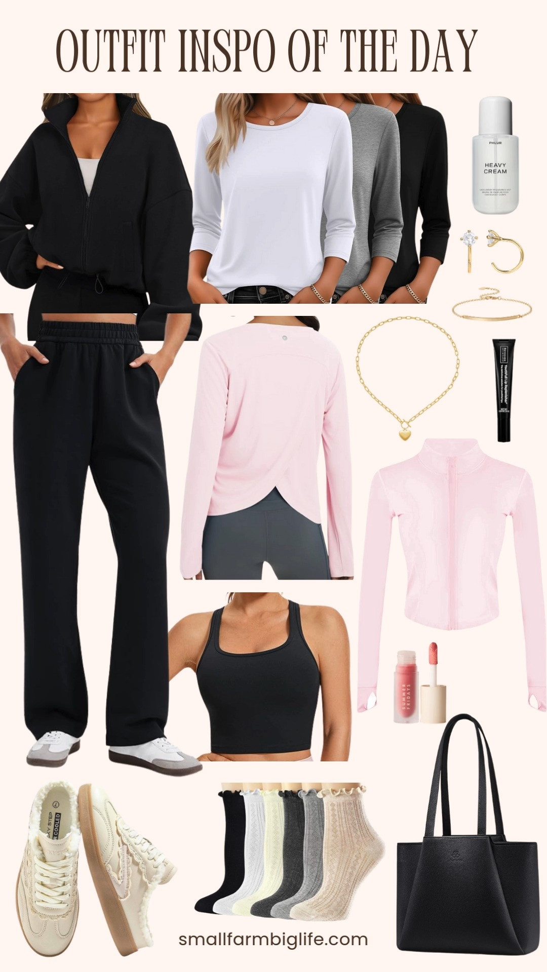 Outfit inspo of the day from Amazon 🤍
Comfy layers in classic neutrals with a pop of pink, easy wide leg sweats, and cozy sneakers. Finished with simple gold jewelry and everyday beauty favorites. Perfect for errands, casual days, and staying comfortable while still feeling put together ✨ 

 #LTKootd #LTKActive #LTKFindsUnder50