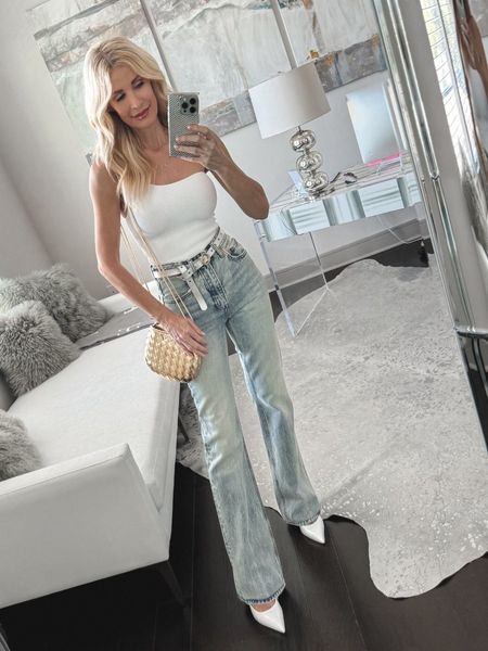 Date Night Inspo 🤍✨ loving my light wash jeans with this slimming one shoulder top 😍I’m wearing an XS in the top & 24 in the jeans.

#LTKstyletip #LTKitbag #LTKover40