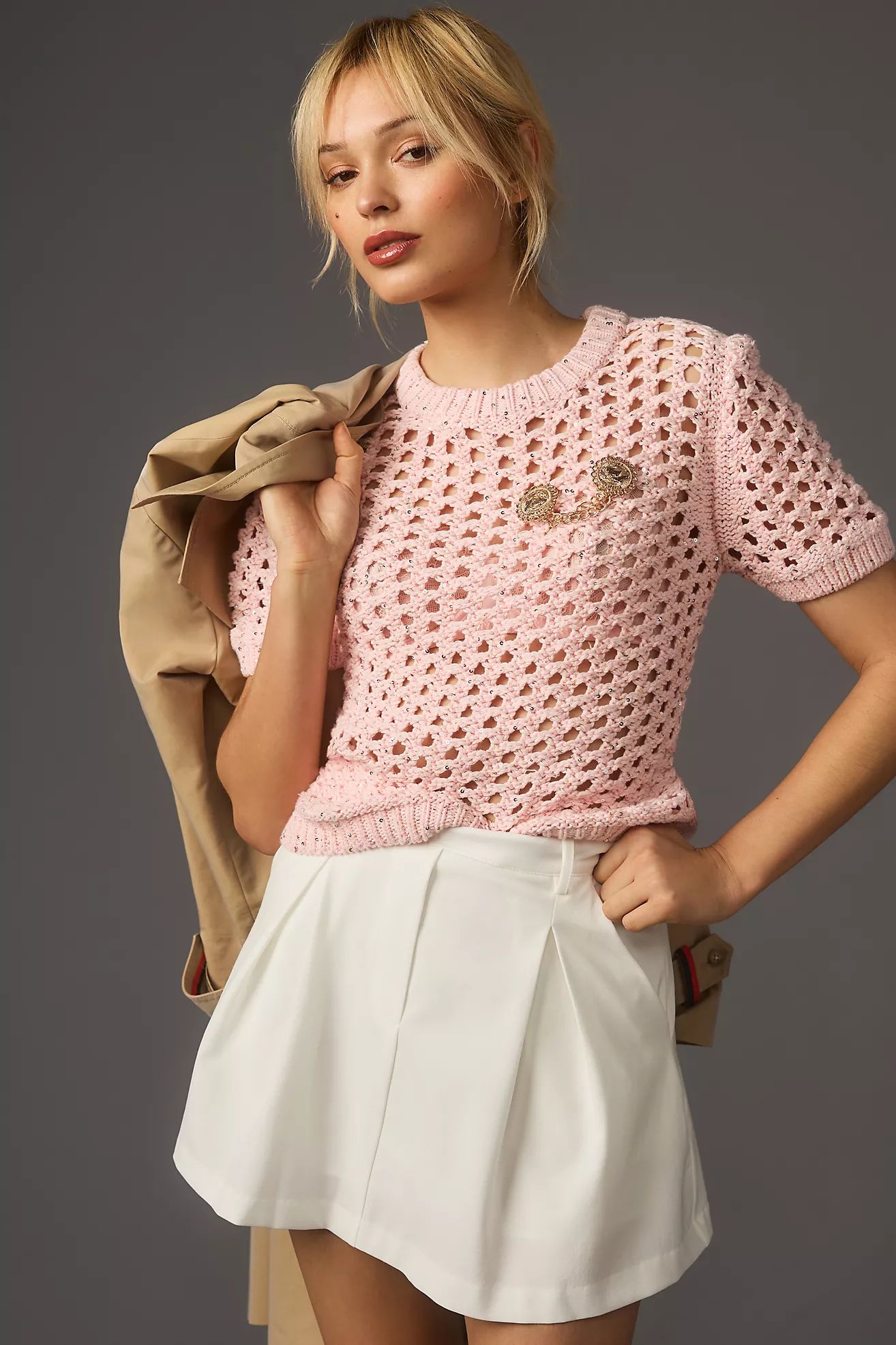 Endless Rose Short-Sleeve Sequin Open-Stitch Sweater | Anthropologie (US)