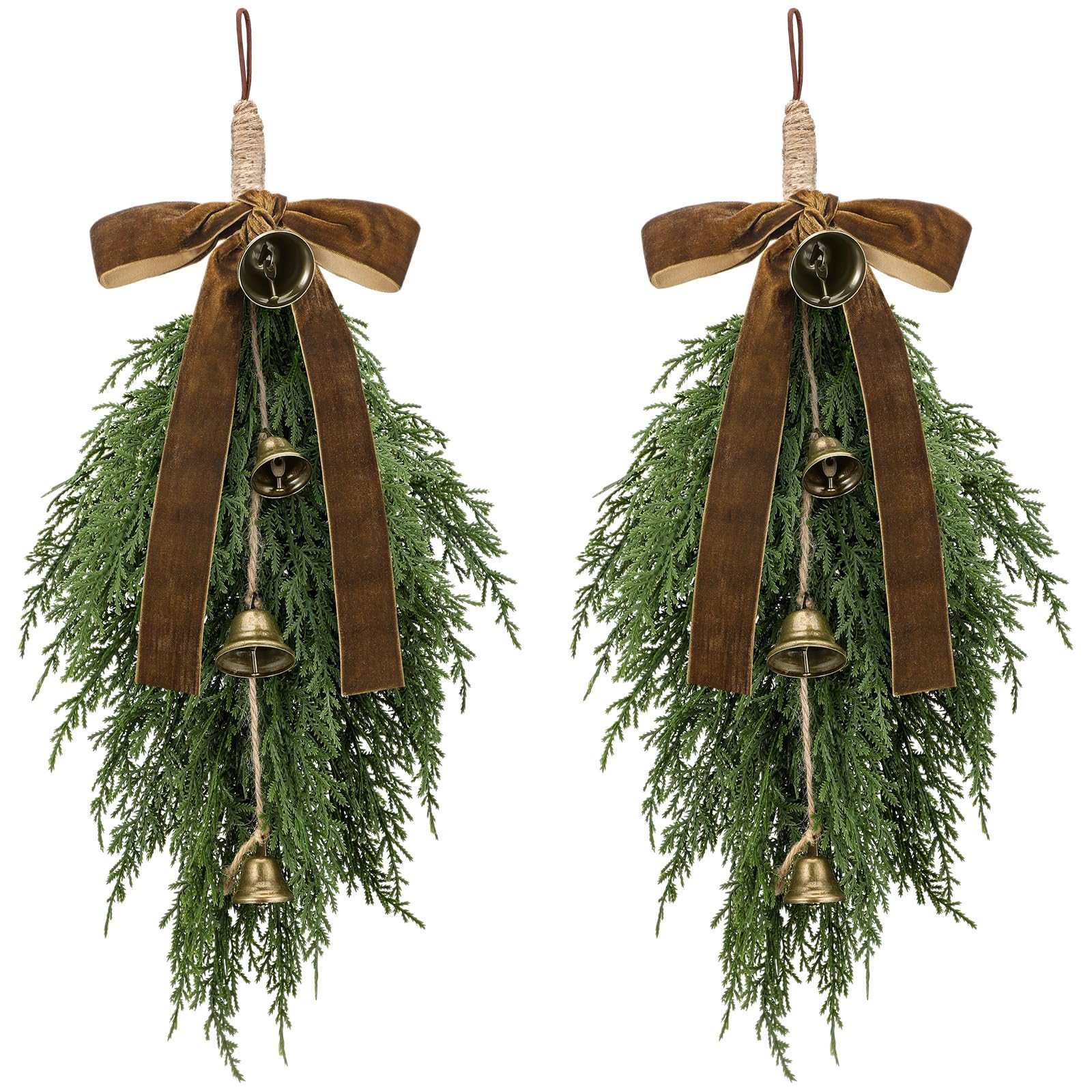 Shihanee 2 Pack Christmas Greenery Cedar Teardrop Swag with Velvet Ribbon Bow and Rustic Vintage ... | Amazon (US)