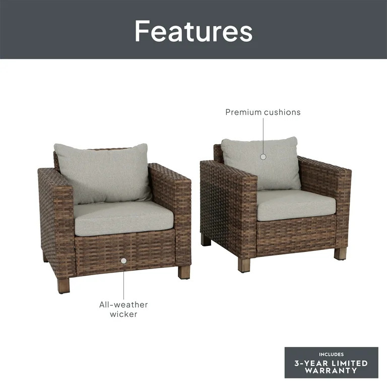 Better Homes & Gardens Brookbury Outdoor 2pk Club Chairs, Brown Wicker, Beige Cushion - Walmart.c... | Walmart (US)