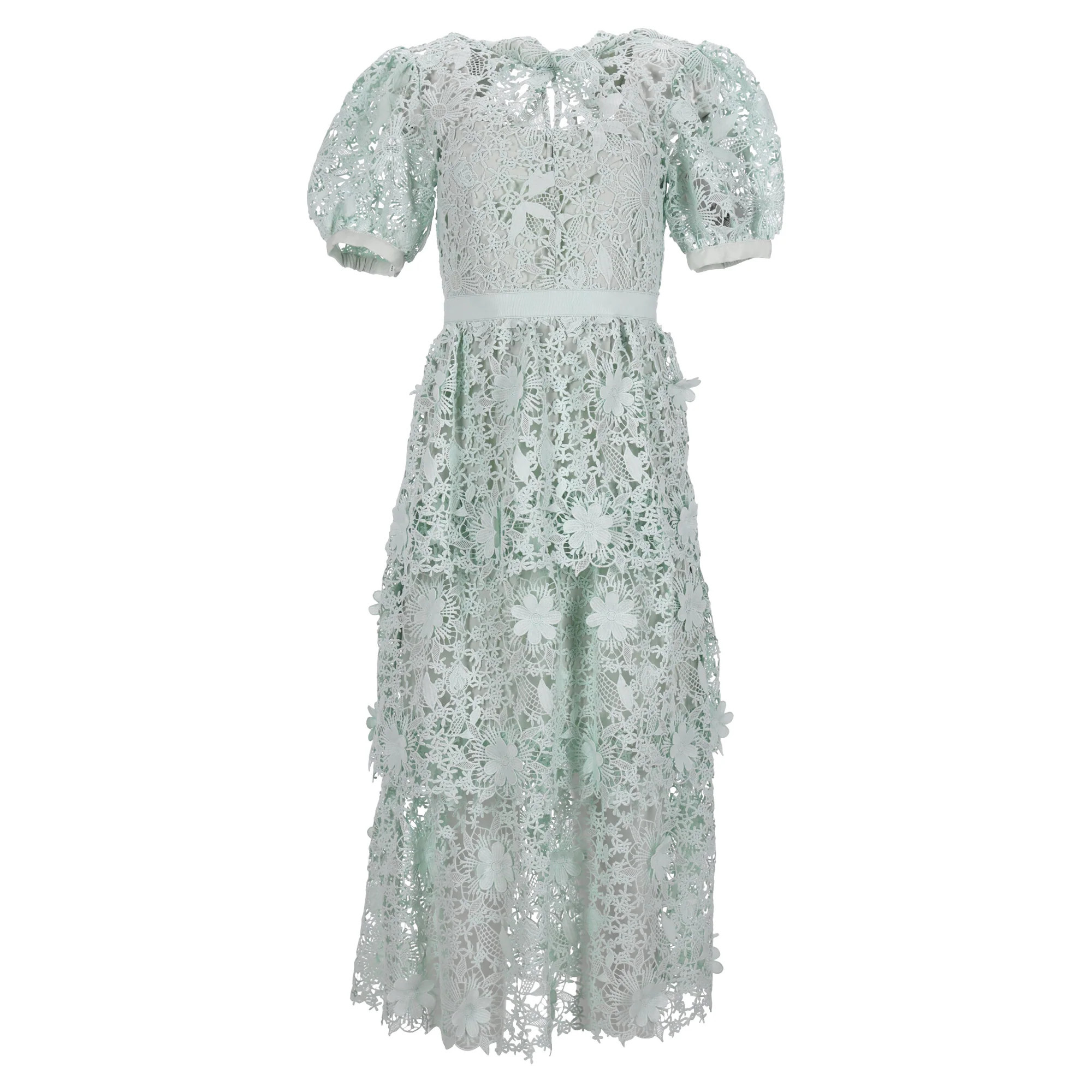 Self-Portrait Floral Lace Midi Puffed Sleeve in Mint Green Polyester | Shop Simon