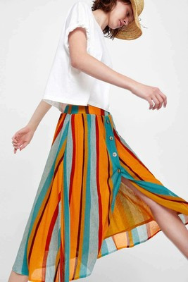 Womens Zara Knit Striped MIDI SKIRT Elasticated Waist Button front  M sz 12/14   | eBay | eBay US