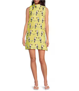Floral Brocade Toucan Print Mock Neck Sleeveless Shift Mini Dress | Dillard's