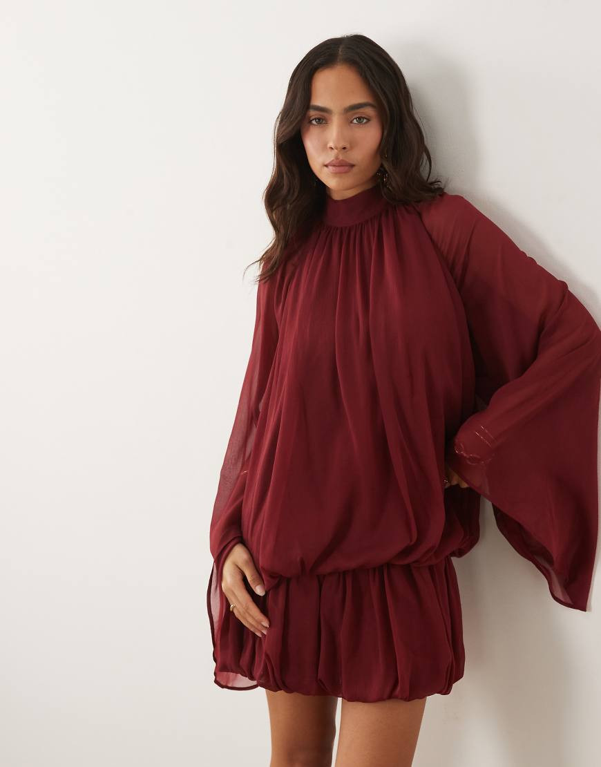 ASOS DESIGN tie neck bubble mini dress in berry-Red | ASOS (Global)