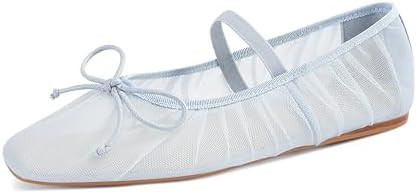 STALOV Mesh Ballet Flats for Women Square Toe Bow Mary Jane Flats Tulle Comfortable Dress Casual ... | Amazon (US)
