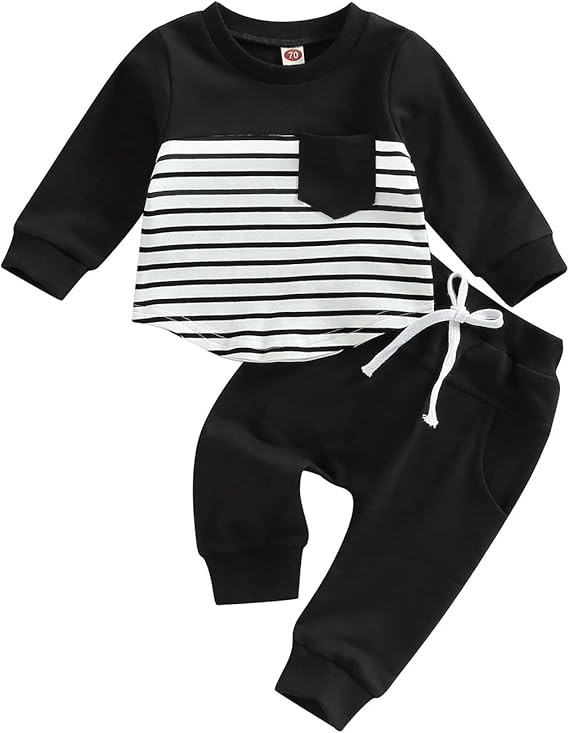 Toddler Baby Boy Clothes Long Sleeve Striped Crewneck T-Shirt Top + Solid Drawstring Pants Set In... | Amazon (US)