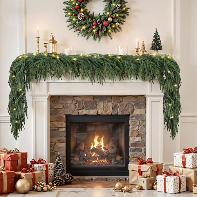 9ft Artificial Christmas Garland with Lights, Real Touch Norfolk Pine Garland - Pine Garlands, Gr... | Amazon (US)