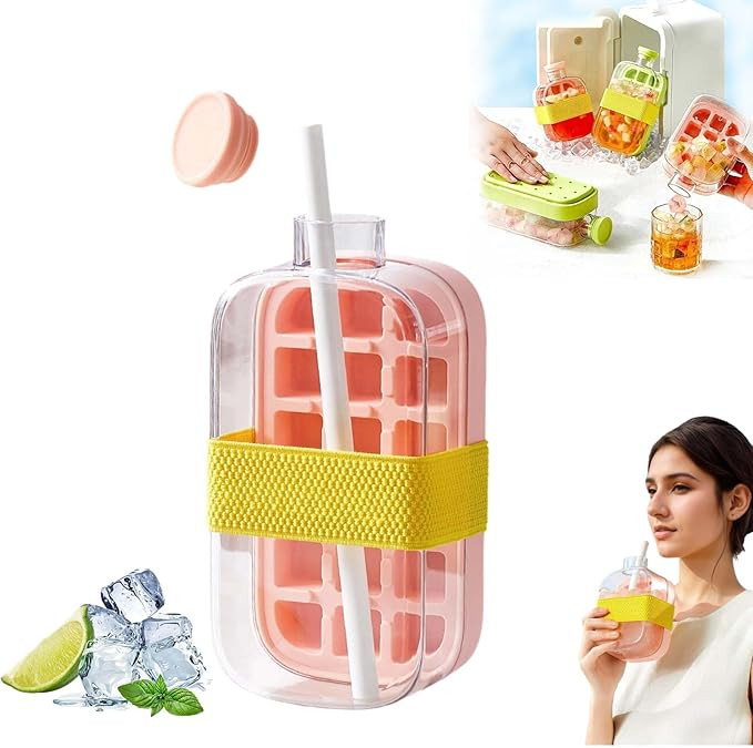 Ice Cube Bottle with Straw, 2-in-1 Touch-Free Ice Cube Tray Water Bottle with Lid and Bin Ice Bot... | Amazon (US)