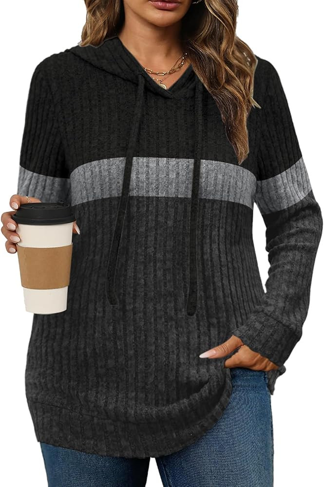 Womens Plus Size Lightweight Ribbed Knit Hoodie Sweaters Casual Long Sleeve Pullover Tops for Fal... | Amazon (US)