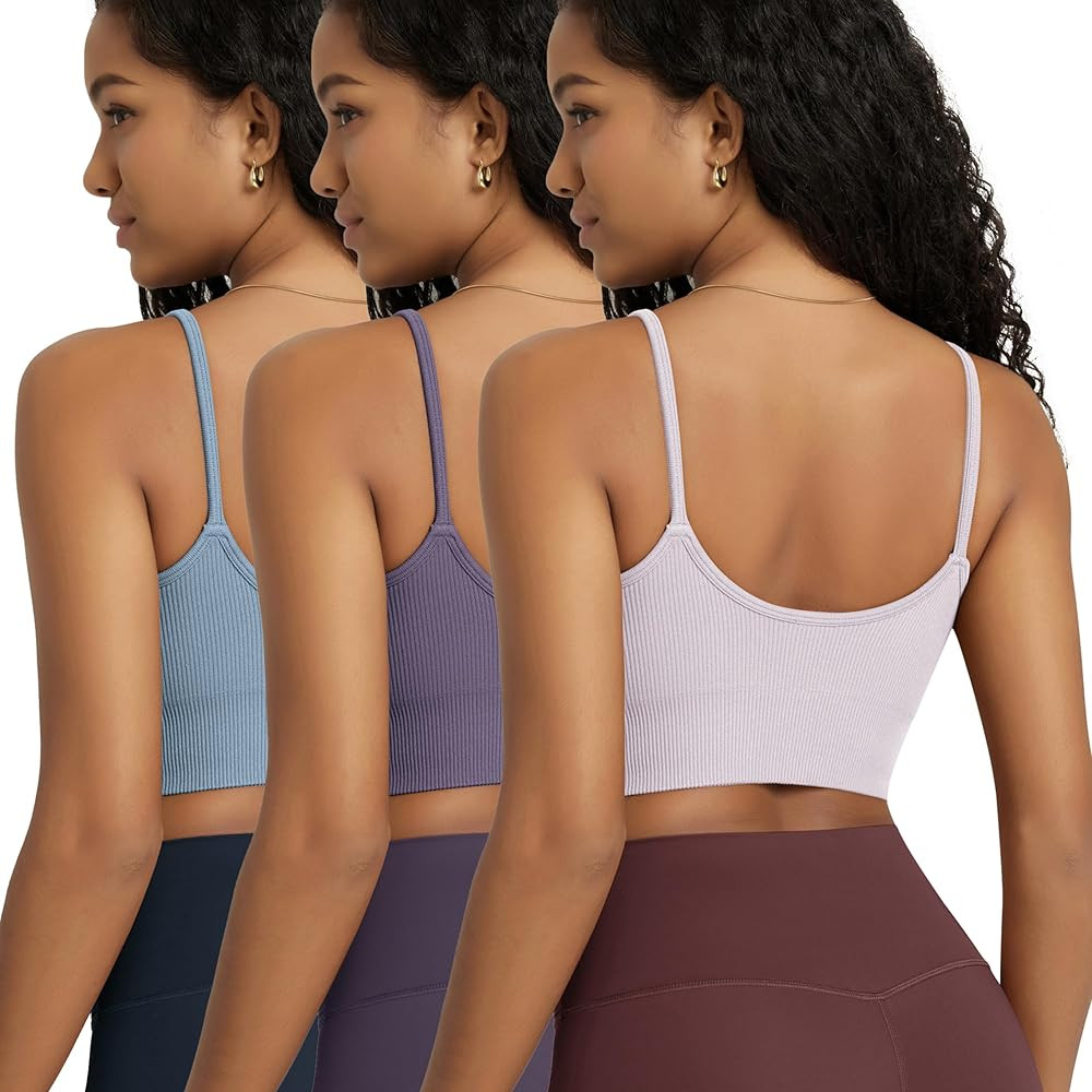 ODODOS Seamless Sports Bra for Women Ribbed Camisoles Non Padding Yoga Bra Crop Tank Tops | Amazon (US)