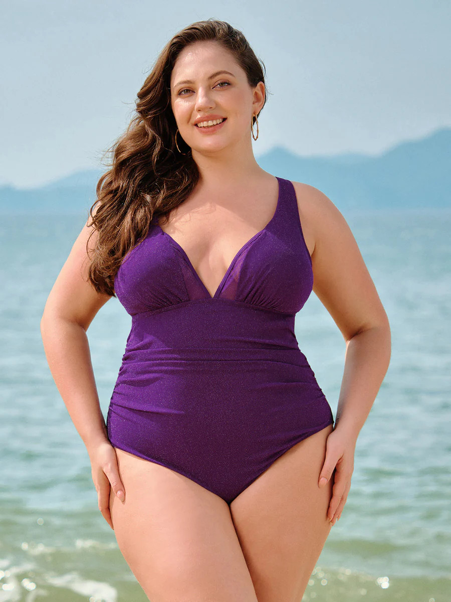 Purple V-Neck Ruched Plus Size One-Piece Swimsuit & Reviews - Purple - Sustainable Plus Size One-... | BERLOOK
