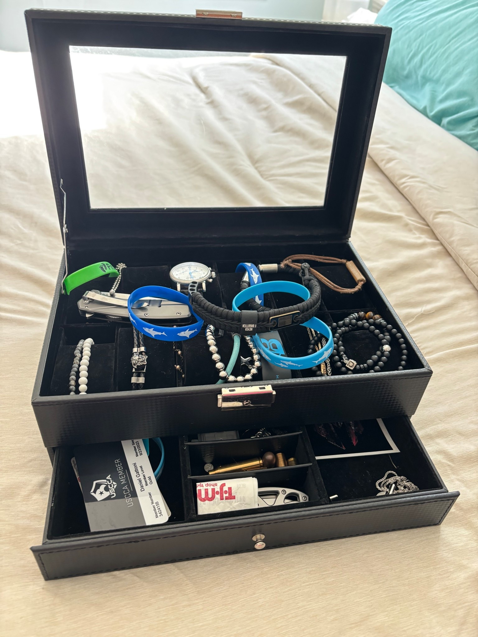My husbands watches and accessories were everywhere. This sophisticated jewelry box keeps them organized. A great gift!

#LTKHome #LTKFamily #LTKFindsUnder50