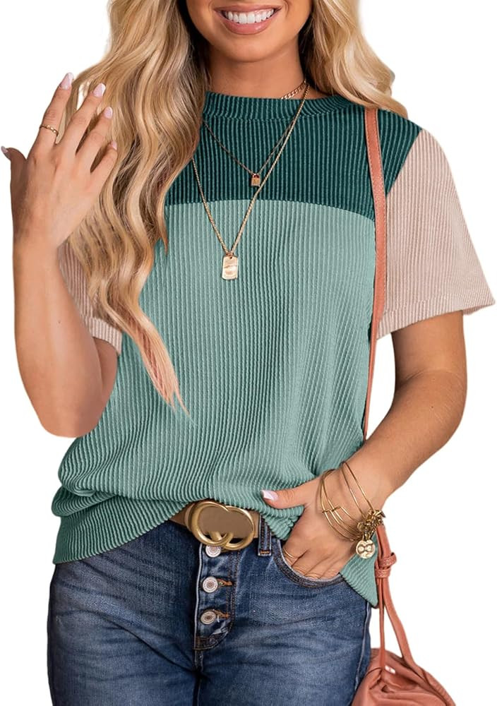 Dokotoo Womens Color Block Fashion Short Sleeve Crewneck Knitted Spring Summer Casual Loose T Shi... | Amazon (US)