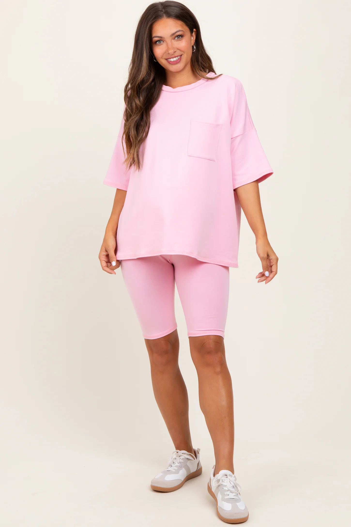 Light Pink Oversized Short Sleeve Biker Short Maternity Set | PinkBlush Maternity
