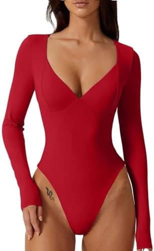 QINSEN Women's Long Sleeve Bodysuit V Neck Body Suits Seamed Cup Going Out Tops Shirt | Amazon (US)