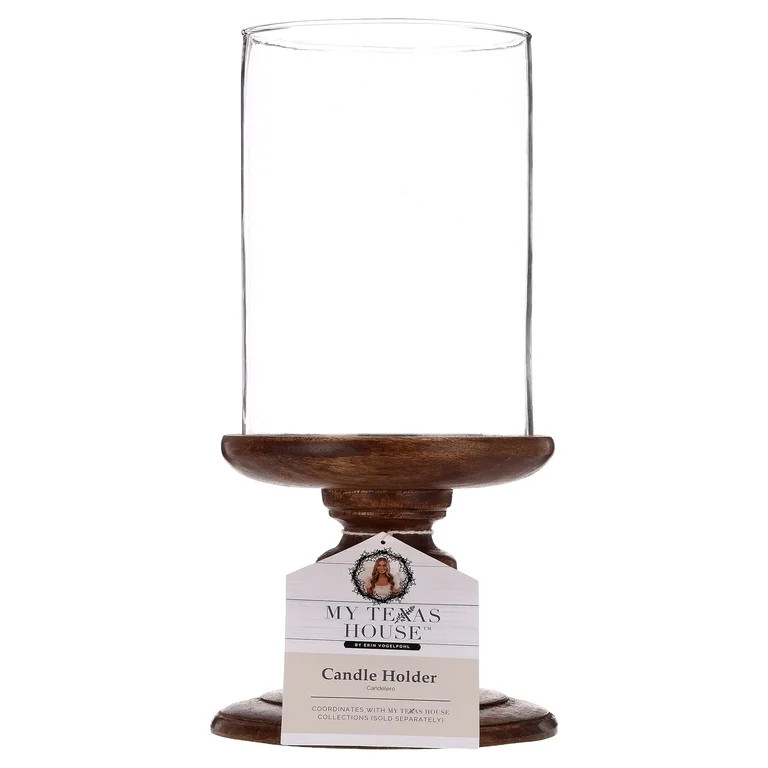 My Texas House Large Wood and Glass Hurricane Candle Holder, Brown, 12" | Walmart (US)