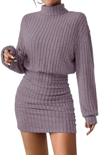 AUXDIO Women's Mock Neck Sweater Dress Fall Long Lantern Sleeve Bodycon 2026 Pullover Mini Short ... | Amazon (US)