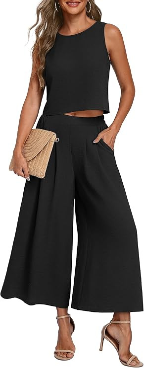 Lepunuo Womens Summer 2 Piece Outfits Sleeveless Crop Top Flowy Wide Leg Pants Matching Sets Vaca... | Amazon (US)