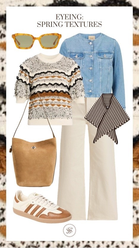 Spring textures
Cream jeans
Spring sweater
Adidas sneakers
Suede bag
Suede jacket 