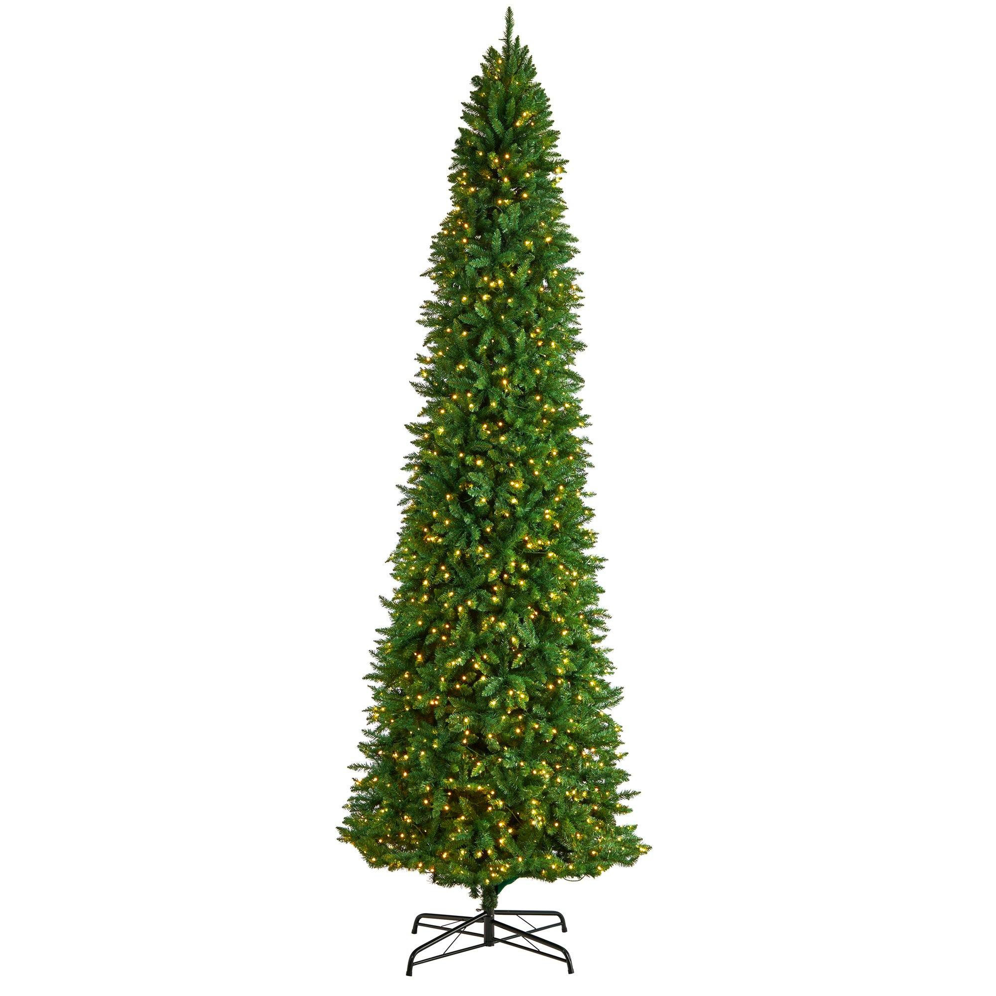 12’ Slim Green Mountain Pine Artificial Christmas Tree with 1100 Clear LED Lights and 3235 Tips... | Nearly Natural