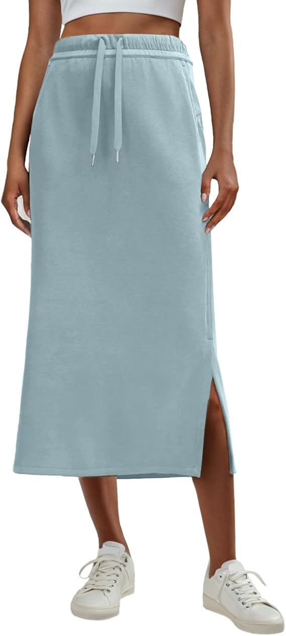 Lepunuo Casual Maxi Skirts for Womens High Waist Trendy Drawstring Side Slit Skirts with Pockets | Amazon (US)