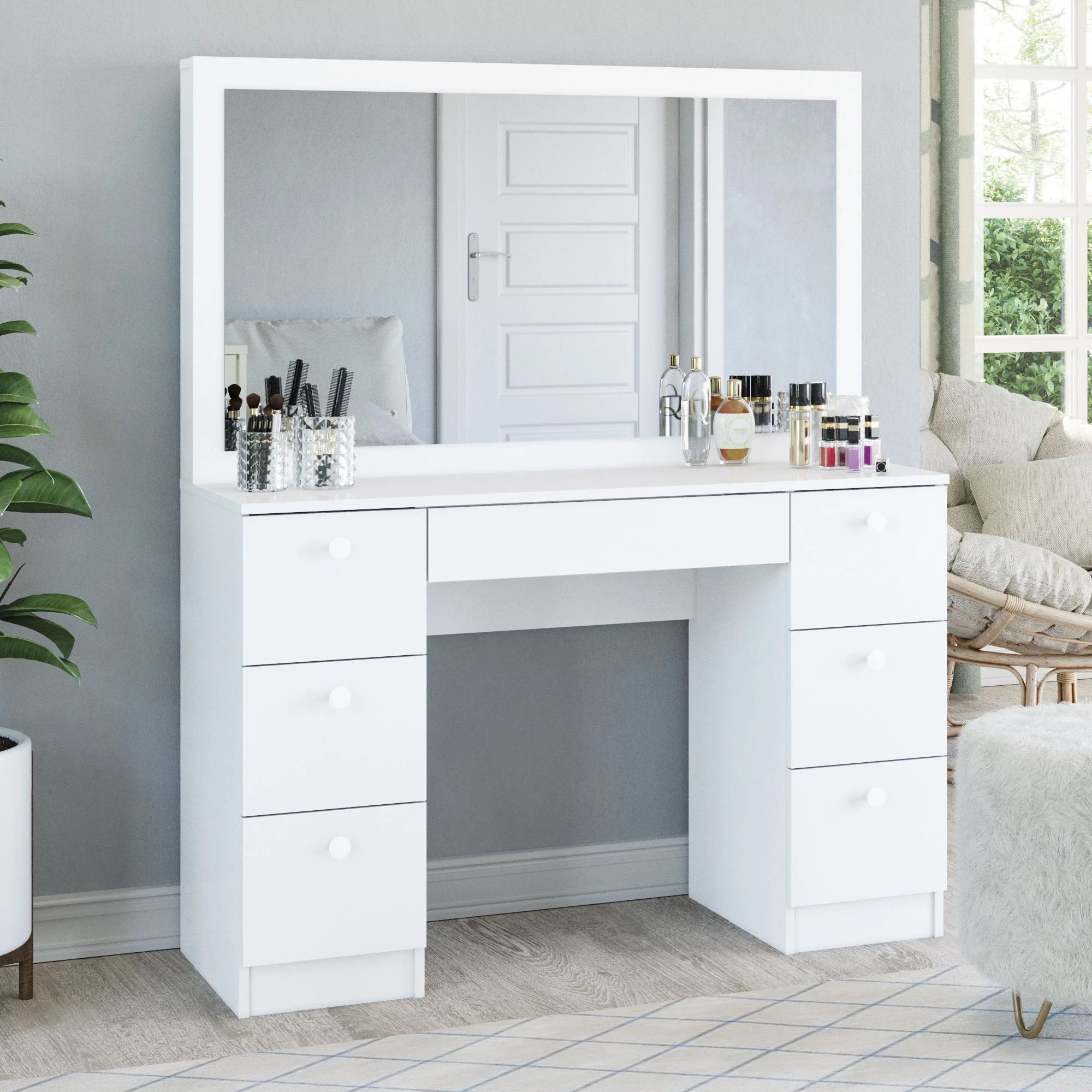 Boahaus Artemisia Modern Vanity Table with Mirror and 7 Drawers, White finish | Walmart (US)