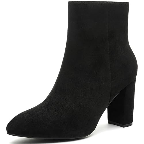 Jiu du Black Boots for Women Suede Black Booties Pointed Toe velvet Ankle Boots Chunky High Heeled Boots Size 6 | Amazon (US)