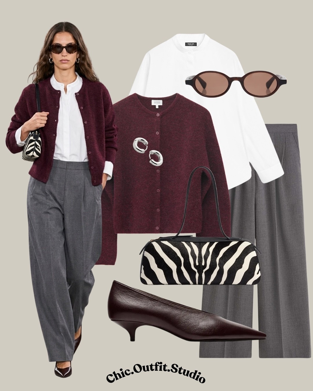 Burgundy Cardigan, White Shirt & Gray Trousers | Polished Pre-Fall

✨A rich burgundy cardigan layered over a crisp white shirt brings an elegant, understated feel to classic gray tailored trousers. The deep wine tones, chocolate pointed pumps, and zebra-print bag add just enough contrast to make this look feel elevated without trying too hard. 

✨Perfect for office days, client meetings, work-from-café days, lunch dates, city errands, or early fall travel.

✨Tags: burgundy cardigan outfit women, burgundy sweater outfit, burgundy and gray outfit women, white shirt cardigan outfit, gray trousers outfit women, tailored trousers outfit, burgundy shoes outfit, zebra print bag outfit, pre fall outfit women, fall transition outfit, cardigan outfit women, elegant casual outfit, polished work outfit women, business casual outfit women, minimalist fall style, European style outfit, classic wardrobe outfit, elevated everyday style, timeless fall fashion

#LTKautumn #LTKbag #LTKworkwear