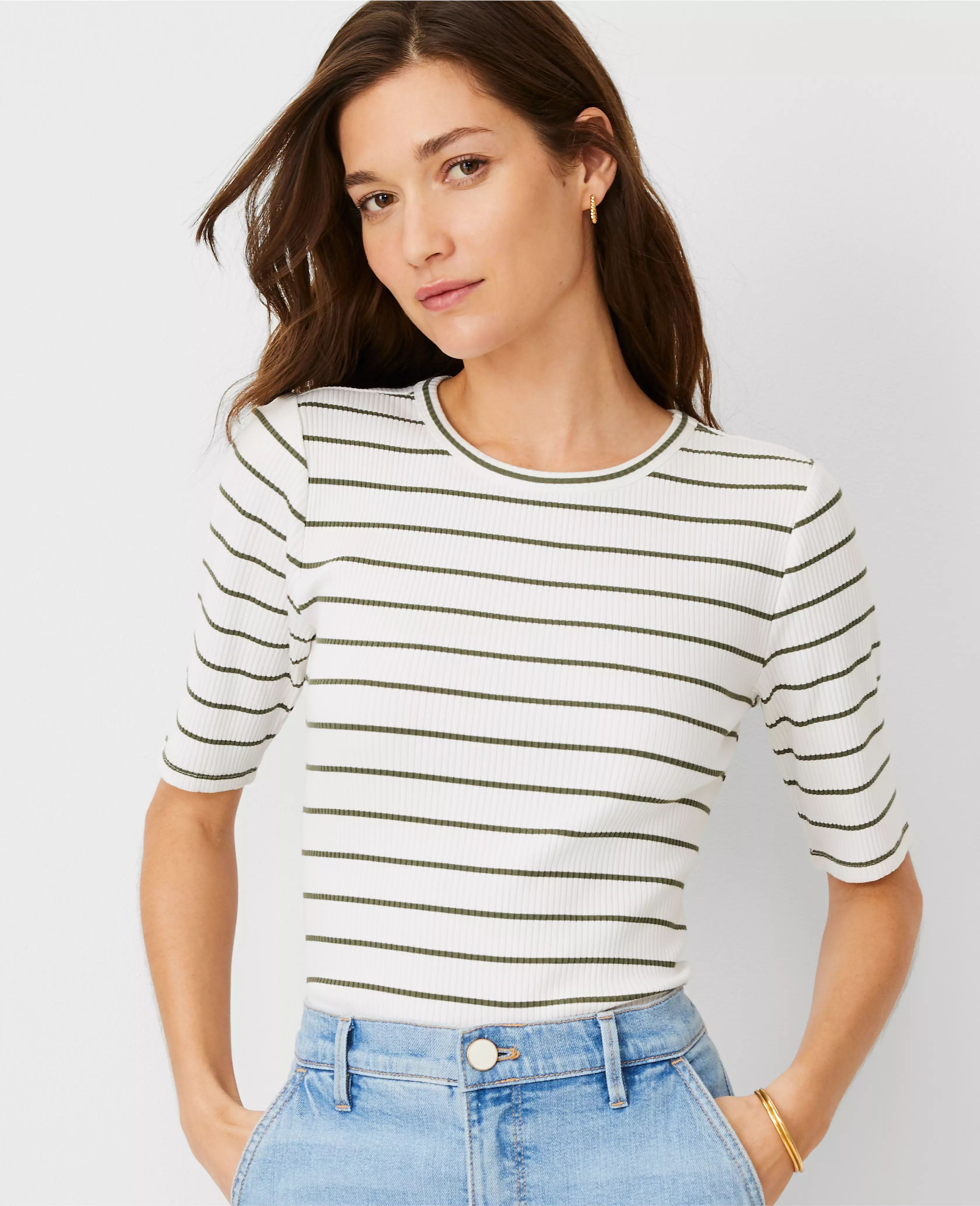 AT Weekend Stripe Ribbed Knit Top | Ann Taylor (US)
