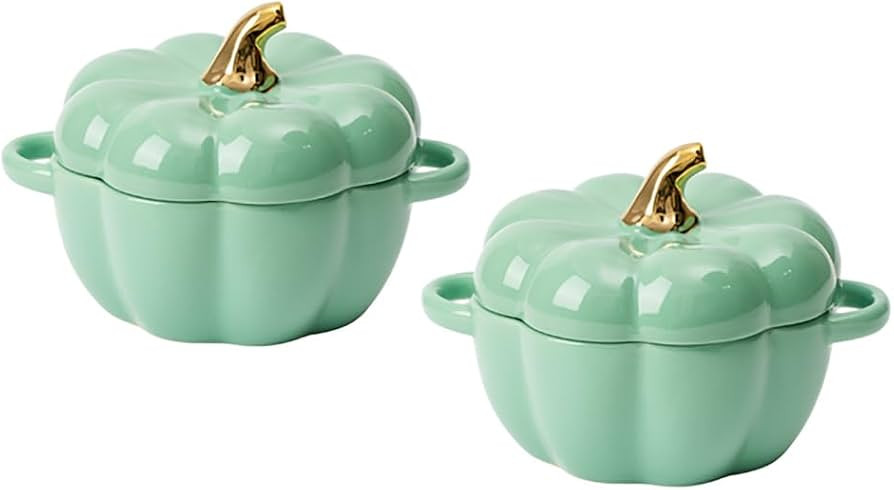 Pumpkin Bowl Set with Lid and Handle, Set of 2 Ceramic Ramekins for Baking, Casserole Dish Indivi... | Amazon (US)