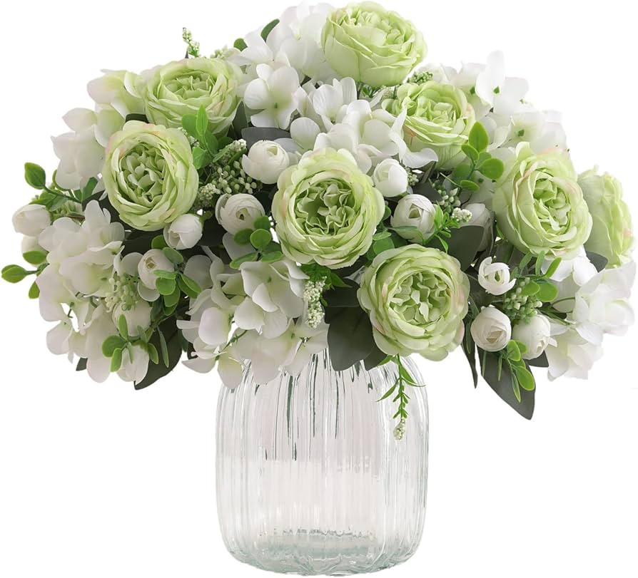 4 Bunches Green Peony Artificial Flowers for Decoration Faux Rose Fake Bouquet Silk Arrangements ... | Amazon (US)