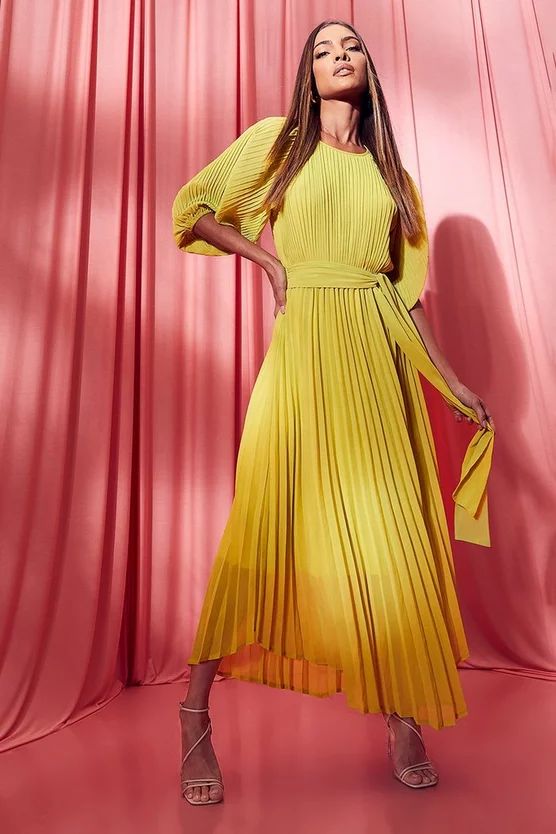 Pleated Puff Sleeve Midi Dress | Boohoo.com (US & CA)