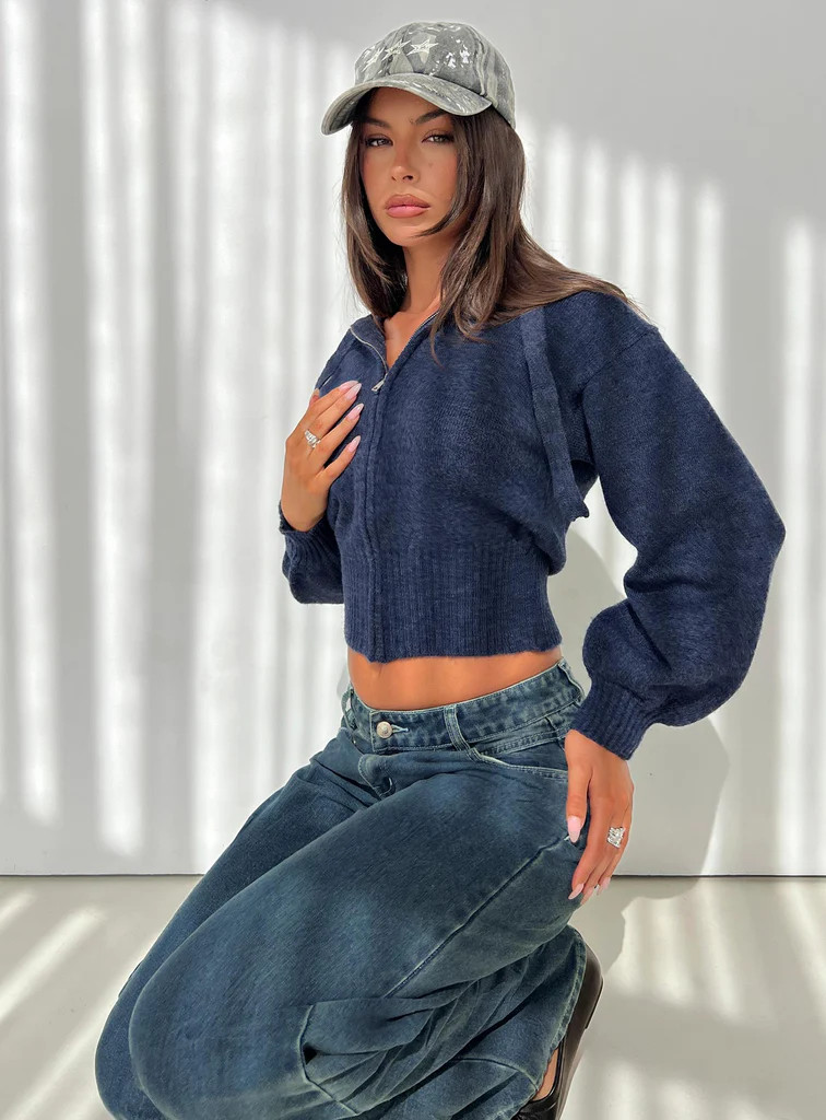 Kieley Zip Through Knit Hoodie Navy | Princess Polly US