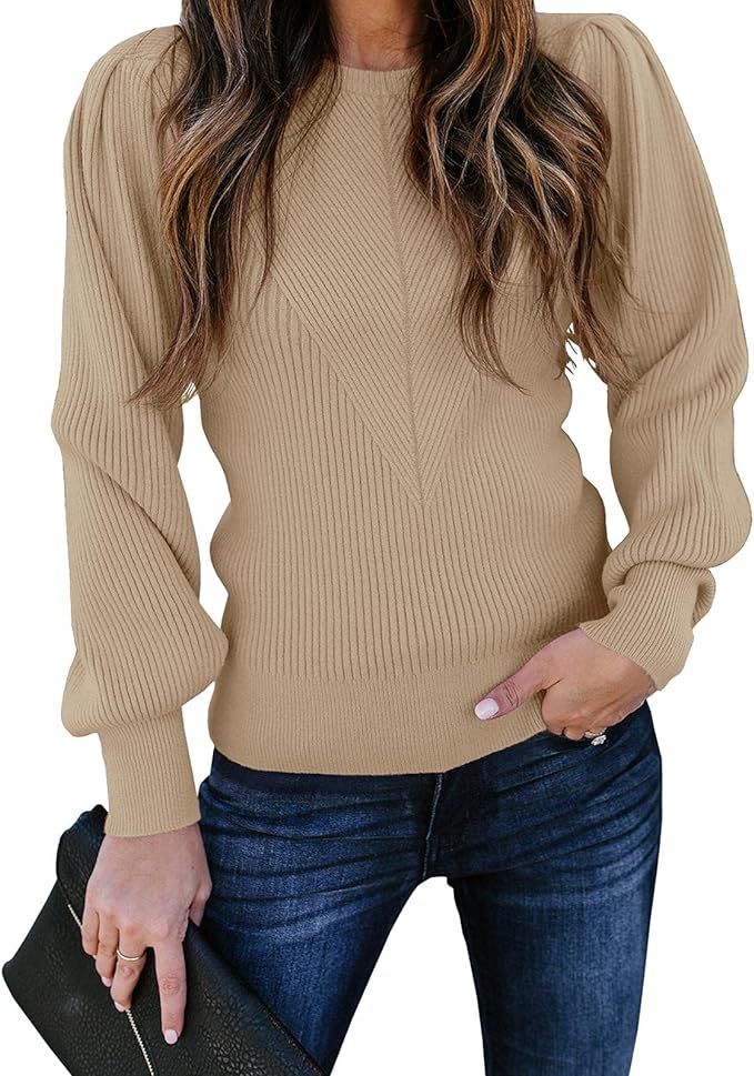 Huiyuzhi Womens Puff Sleeve Pullover Sweaters Crew Neck Soft Slim Fit Solid Color Knitted Jumper | Amazon (US)