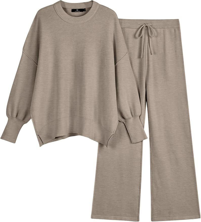LILLUSORY Women 2 Piece Outfits Sweatsuit Oversized Knit Pullover Sweater Tops Wide Leg Pants Lou... | Amazon (US)