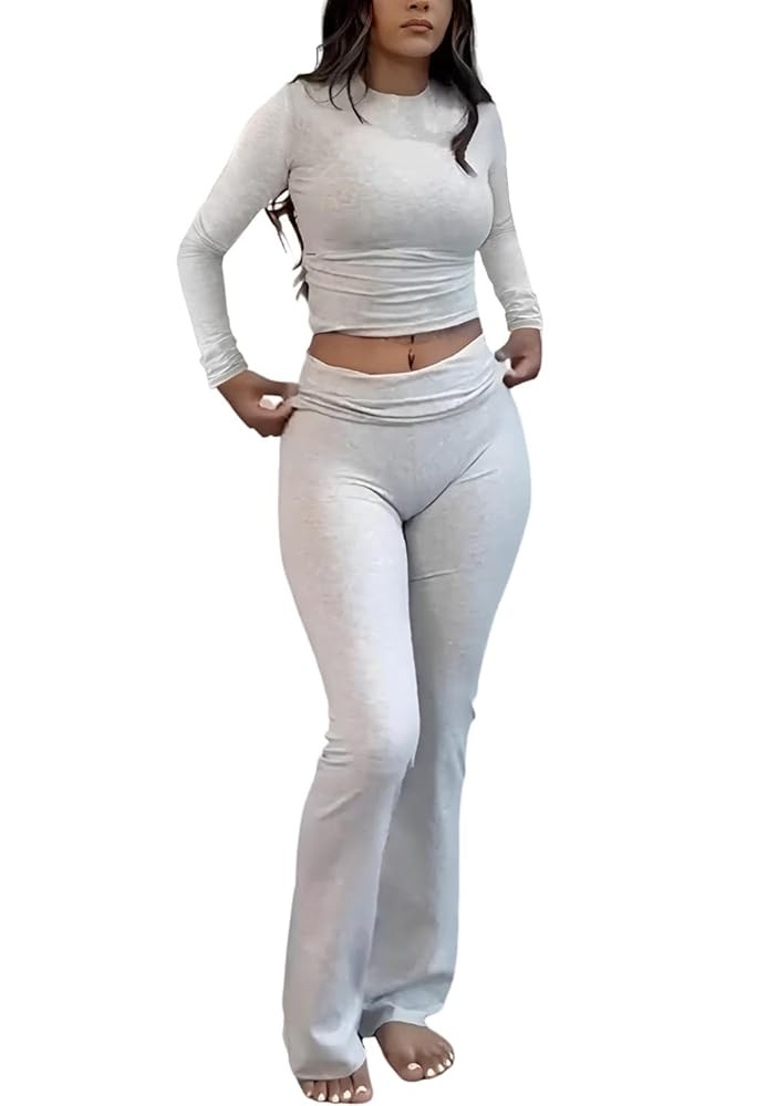 ZFLM Casual Workout Two Piece Outfits Long Sleeve High Waist Fold-Over Flared Leggings Pants Trac... | Amazon (US)