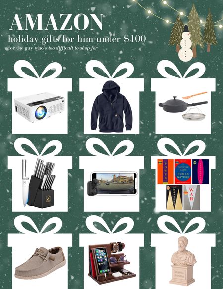 AMAZON HOLIDAY GIFT GUIDE FOR HIM 2023 🤍

men are hard to shop for, and even harder when they tell you they don’t want anything for christmas. not to worry, though! here are 9 of my tried-and-true gift ideas that are approved by my husband 😉

• projector: makes movie nights SO fun!
• carhartt hoodie: durable, warm, & totally stealable. 
• our place always pan: the pan that truly does it all. 
• imarku knife set: if you’ve got a steak-loving man, these are a must have. 
• dash cam: an essential!
• robert greene book set: one of my husband’s favorite authors, this set is a great price too!
• hey dude shoes: so cute, comfy & go with everything
• phone storage dock: sleek & perfect for the bedside table
• marcus aurelius statue: perfect bookshelf or desk decor

shop these finds & so much more on my LTK! @kamavacap 🫶🏻

#LTKHoliday #LTKGiftGuide #LTKSeasonal