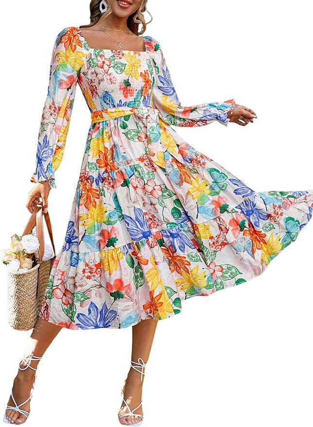 Amegoya Women's Boho Flowy Long Sleeve Square Neck Floral Midi Dress Smocked Spring Fall Wedding ... | Amazon (US)