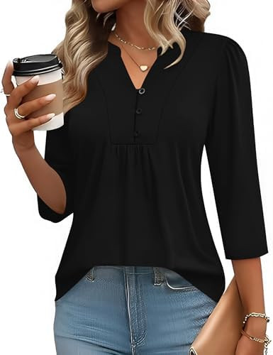 IECCP 3/4 Length Sleeve Womens Tops Dressy Casual Henley V-Neck Summer Tops Pleated T-Shirts Loos... | Amazon (US)