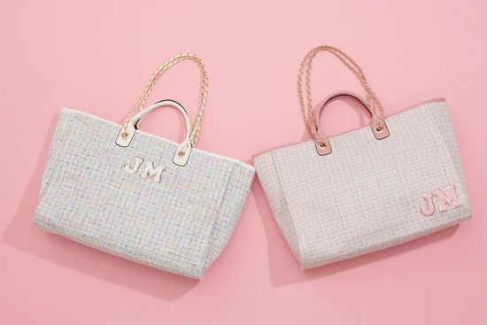 Lily & Bean Pastel Pink Tweed Jumbo Tote with Chenille Initials | Lily and Bean