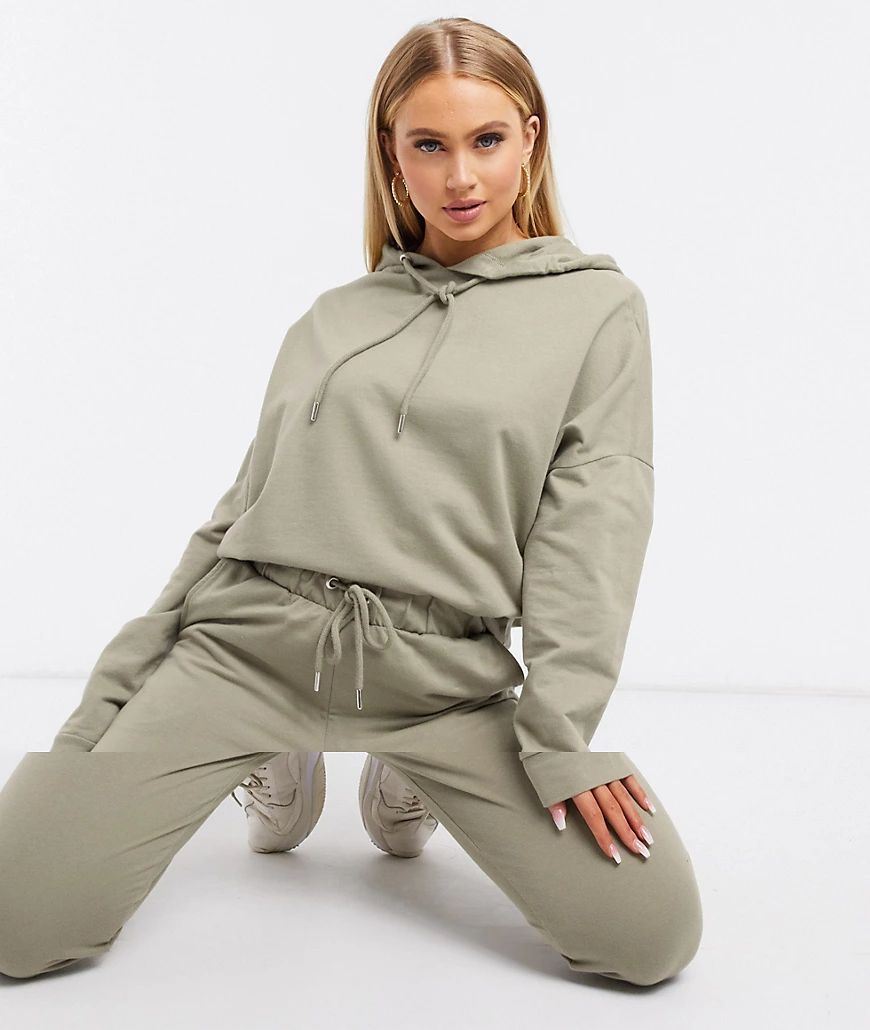 ASOS DESIGN tracksuit hoodie / slim jogger with tie in organic cotton in pale khaki-Green | ASOS (Global)