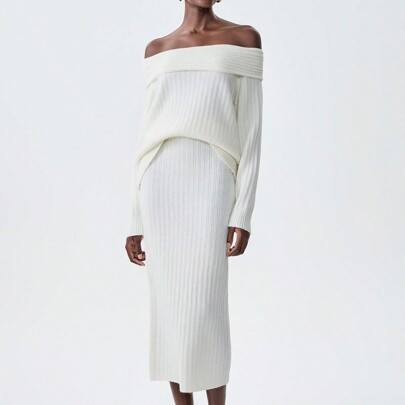 2 pièces Ensemble femme : pull oversize manches longues et jupe longue en tricot, couleur unie, automne/hiver | SHEIN