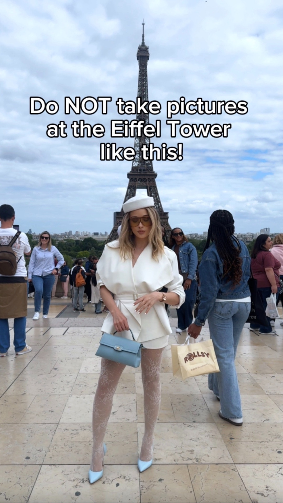 How to take poctures with the Eiffel Tower, especially when you’re wearing a chic outfit with a white oversized blazer, white mini skirt, white fascinator and a pop of color with a powder blue bag and heels.

#LTKPetite #LTKTravel #LTKootd