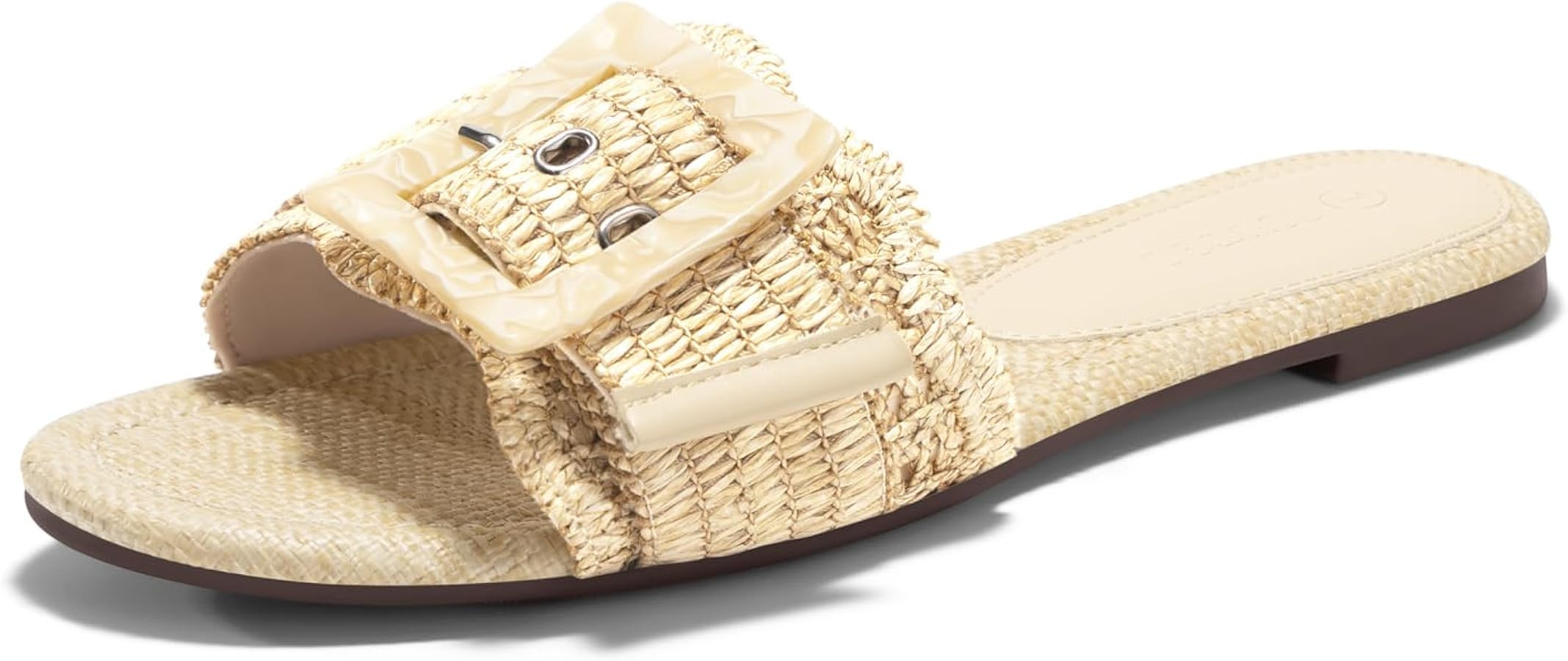 Coutgo Womens Flat Sandals Raffia Slip On Slide Sandal Square Open Toe Buckle Summer Beach Shoes ... | Amazon (US)