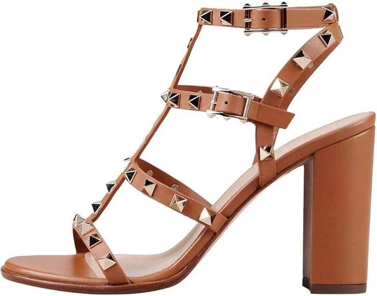 Leather Sandals for Women,Rivets Studded Strappy Block Heels Slingback Gladiator Shoes Cut Out Dr... | Amazon (US)